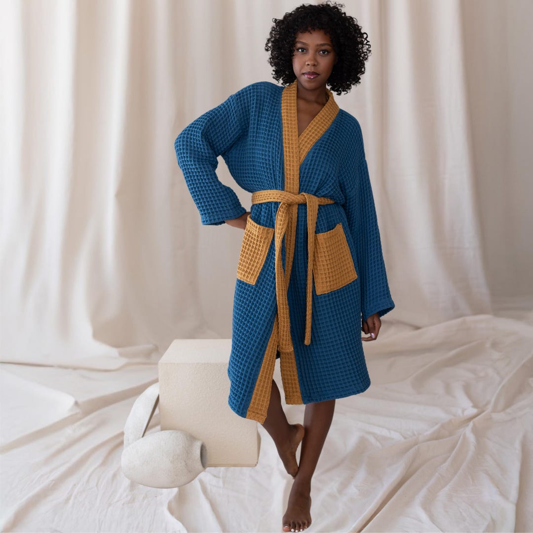 Koofi Robe Waffle Cotton Robe: Vintage Kimono Style Loungewear, Double Color - Etsy