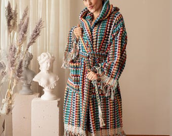 Handwoven Turkish Cotton Bubble Robe, Hooded Spa Bathrobe, Oversized Absorbent Towel