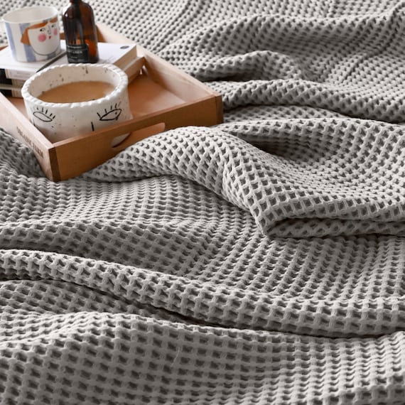 Gray Turkish Cotton Waffle Bed Cover, Queen King, Farmhouse Throw Blanket