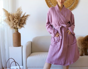 Bridal Robe, Muslin Cotton Kimono for Wedding Day, Bridesmaid Getting Ready Robe, Lightweight Gauze Gown in White Pink, 11 Colors