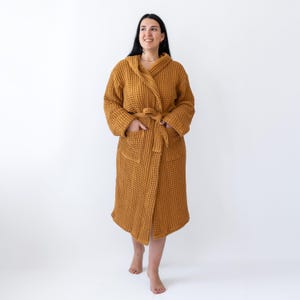 Front view of the caramel waffle housecoat with patch pockets and belt – elegant cotton waffle housecoat
