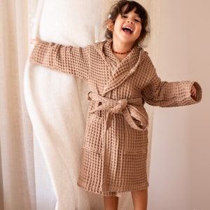 Elegant Waffle Weave Baby Bathrobe, Luxurious Hooded Infant Robe, Soft and Thick Toddler Dressing Gown, Ideal Baby Shower or Newborn Gift Brown