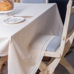 Soft Beige Linen Tablecloth, Vintage Lacy Farmhouse Decor