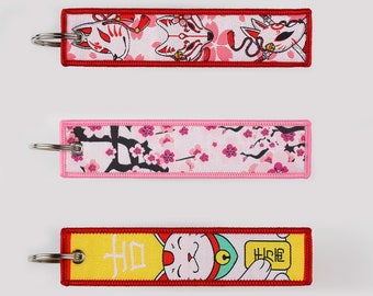 Embroidered Jet Tag / Keychain Sakura Kitsune Wave Japan