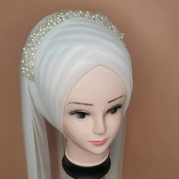 Instant Front Draped Bridal Tulle Hijab Veil, Ready to Wear Turban, Off White Hijab, Muslim Wedding Hijab, Islamic Tulle Veil for Bride