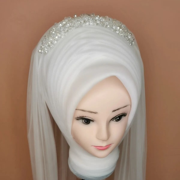 Draped Bridal Tulle Hijab Veil, Ready to Wear Turban, Off White Instant Hijab, Muslim Wedding Hijab, Muslim Islamic Tulle Veil for Brides