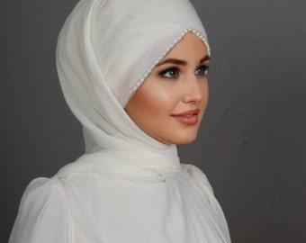 Parels bruids hijab, klaar om sjaal te dragen, chiffon gemaakte tulband, ecru kleur bruids hijab, klaar om gedrapeerde chiffon eenvoudige tule hijab te dragen