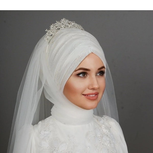 Silvery Seven Draped Bridal Hijab Veil, Ready to Wear Turban, Shiny Instant Hijab, Muslim Wedding Shawl, Muslim Islamic Tulle Veil for Bride