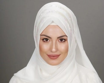 Klaar om bruidstulband te dragen, 2p2p witte lovertjes ecru kleur sjaal, bruids hijab, chiffon hijab, ecru moslim bruiloft islamitische bruids tulband