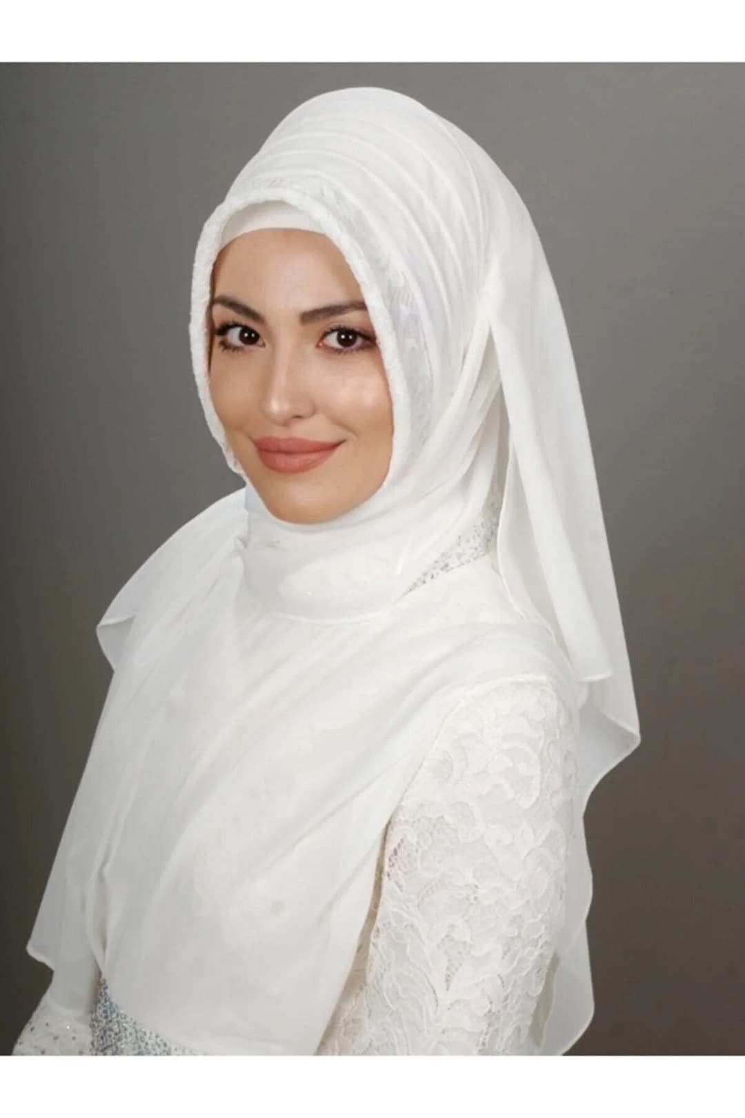 Bridal Hijab, Ready to Wear Lace Detailed Chiffon Hijab, Ecru Muslim