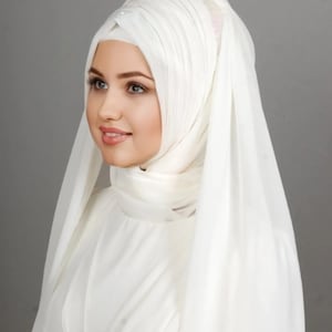 One Side White Sequined Ready to Wear Bridal Hijab with Veil, Ecru Color Bridal Hijab, Ready to Wear Chiffon Turban, Muslim Hijab with Veil