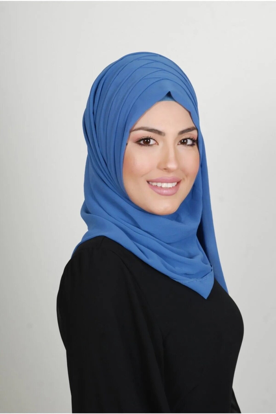 Indigo Blue Color Ready to Wear Hijab, Draped Shawl Chiffon Ready Made Turban, Simple Evening