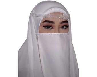 Bridal Satin Niqab, Not Transparant Niqab Hijab for Brides, Crystal stones and Pearls detailed Niqab, Soft Satin Niqab for muslim wedding