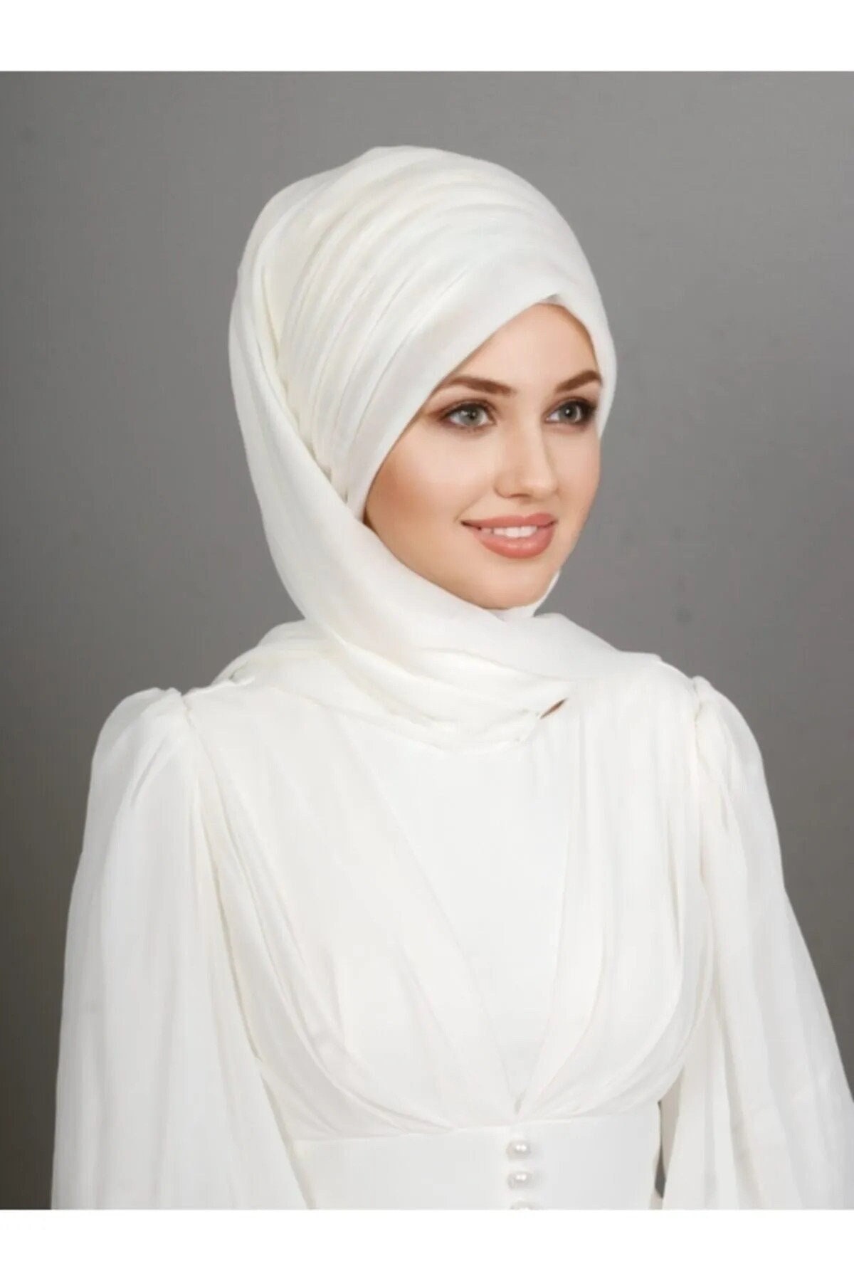 Ready to Wear Four Draped Shawl Throw Type Chiffon Made Turban, Ecru Color Bridal Hijab,Ready to Wear Chiffon Hijab, Simple Hijab for Brides