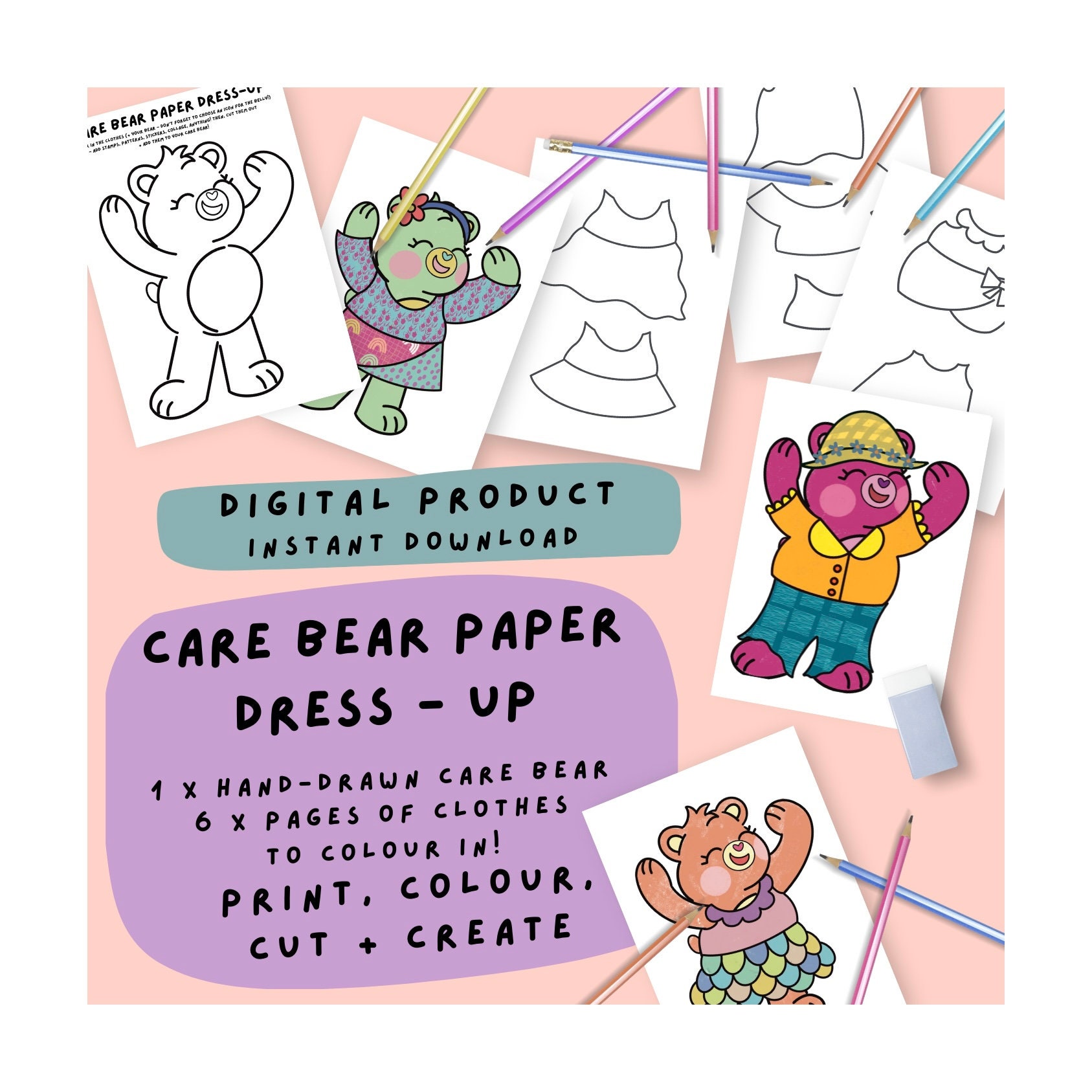 Care Bear Paper Dress-up | Kids Printable Sheet | Colouring in Pages ...