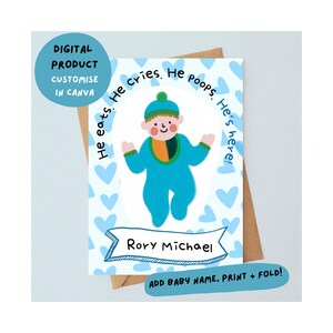 NOVO CARTÃO DE BEBÊ | personalizar no canva | personalizável | adicionar nome | azul | menino | download digital | imprimir em casa | novidade | pacote de alegria