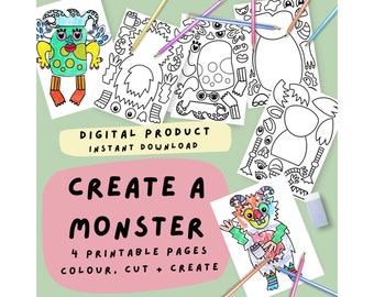 Create a Monster | kids printable sheet | colouring in pages | craft activities | children’s party activity | collage worksheet | homeschool