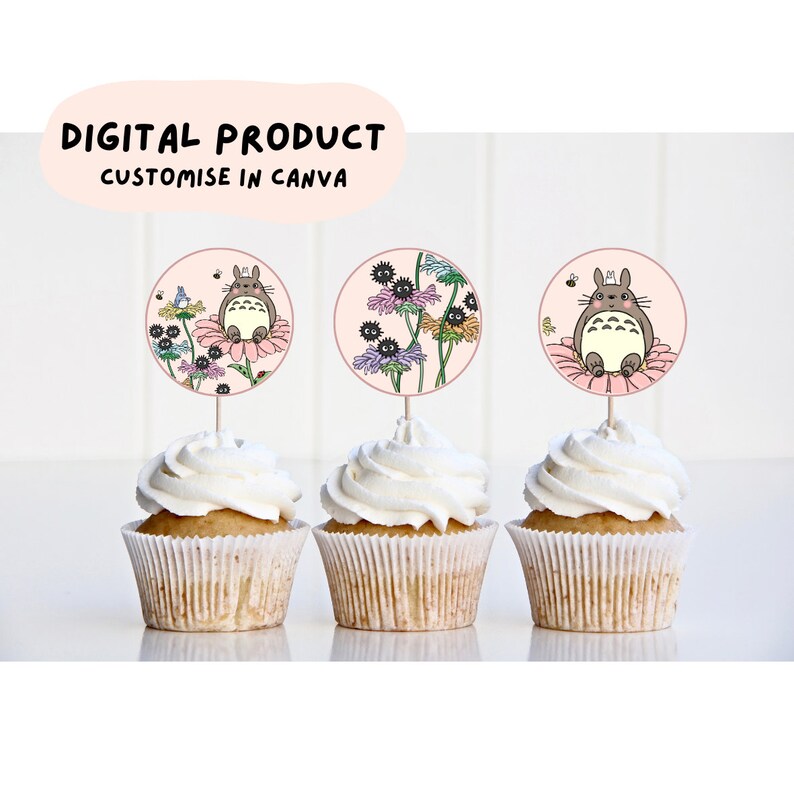TOTORO Cupcake Toppers Editable Canva Kids Birthday Etsy