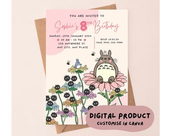 May include: A light pink birthday invitation featuring the text "Sophie's 8th Birthday". The invitation includes illustrations of Totoro characters and flowers. The words "Digital Product" and "Customise in Canva" are also visible.