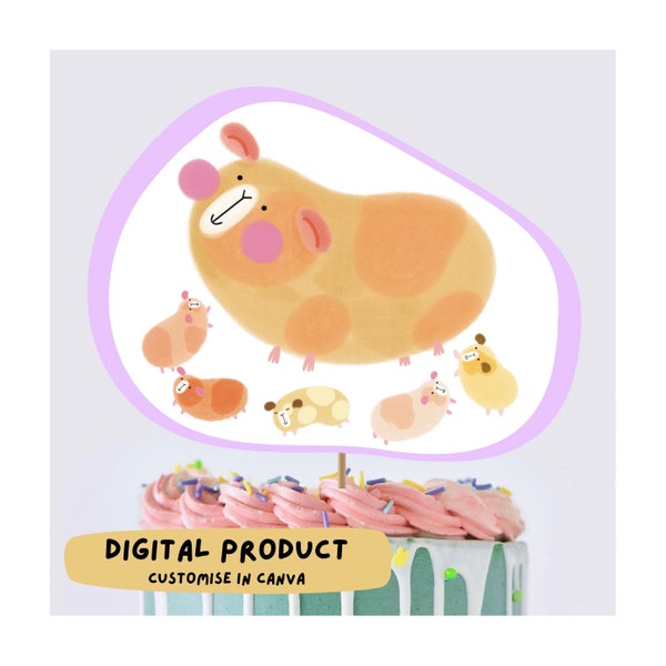 Guinea pig + babies CAKE TOPPER | digital template | customise in canva | tween  birthday | print at home | cute animals | birthday party