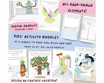 May include: A digital activity booklet for kids with 17 pages of fun activities. The cover features a colorful illustration of a robot, a bird, a pineapple, a tree, a slide, and a shark. The booklet is designed to keep kids busy and entertained.  "KIDS' ACTIVITY BOOKLET 17 X PAGES TO KEEP KIDS BUSY ANY DAY! PRINT AS A4 -OR- AN A5 BOOKLET"