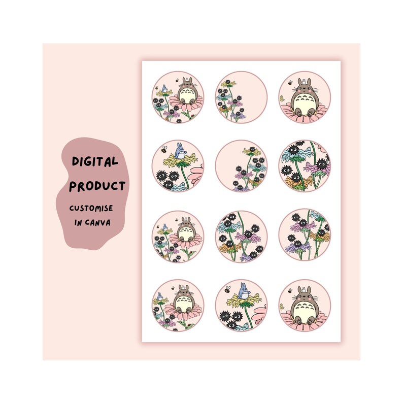 TOTORO Cupcake Toppers Editable Canva Kids Birthday Etsy