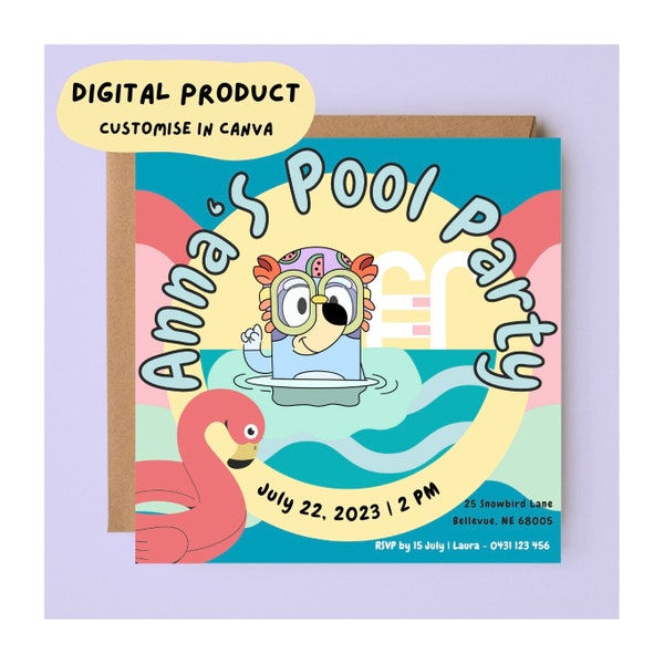 BLUE DOG POOL party | digital invitation | edit customise in Canvas | children's party | summer | square | bright | fun | flamingo float