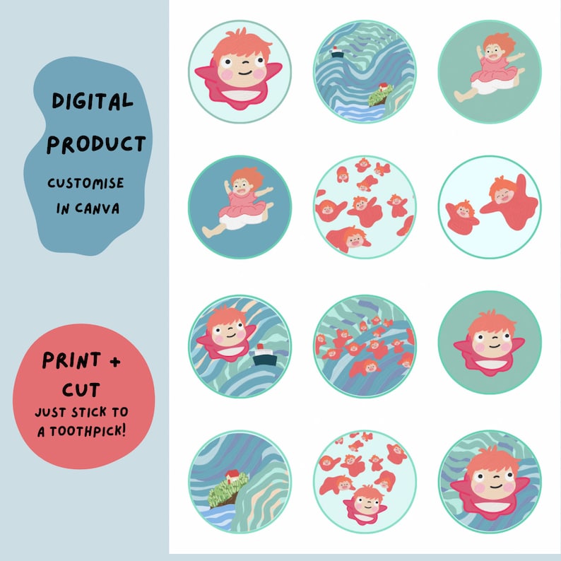May include: A set of 12 printable digital stickers featuring a red and pink character with red hair. The stickers are in a circle shape with a blue background. The character is shown in different poses and settings, including floating in the air, swimming in the ocean, and flying through the sky. The stickers are perfect for adding a touch of whimsy to your planner, journal, or laptop.