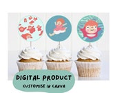 PONYO cupcake toppers | editable | canva | kids birthday party | Studio Ghibli | blue | tween | girl | 5.5 cm | party decor | hand drawn