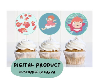 PONYO cupcake toppers | editable | canva | kids birthday party | Studio Ghibli | blue | tween | girl | 5.5 cm | party decor | hand drawn