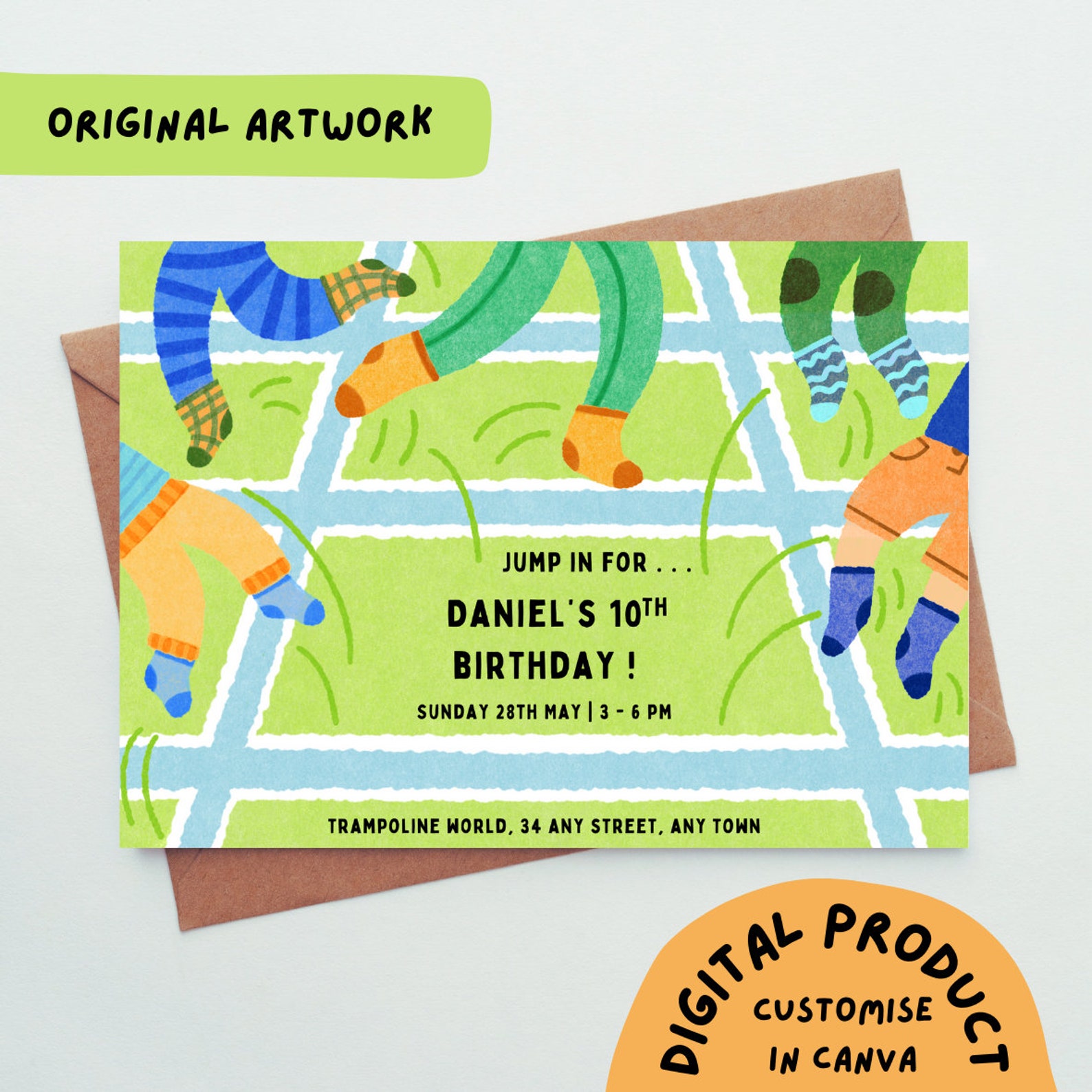 Trampoline Party Invitation GREEN Birthday Party Digital Template Print ...