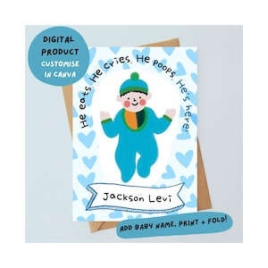 NOUVELLE CARTE BÉBÉ | personnaliser en toile | personnalisable | ajouter un nom | bleu | garçon | téléchargement numérique | imprimer à la maison | nouvelle arrivée | paquet de joie