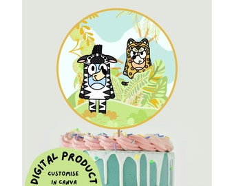 BLUE dog JUNGLE PARTY | cake topper | customisable | canva | kids birthday party | boys | blue heeler | safari  | animals | digital download