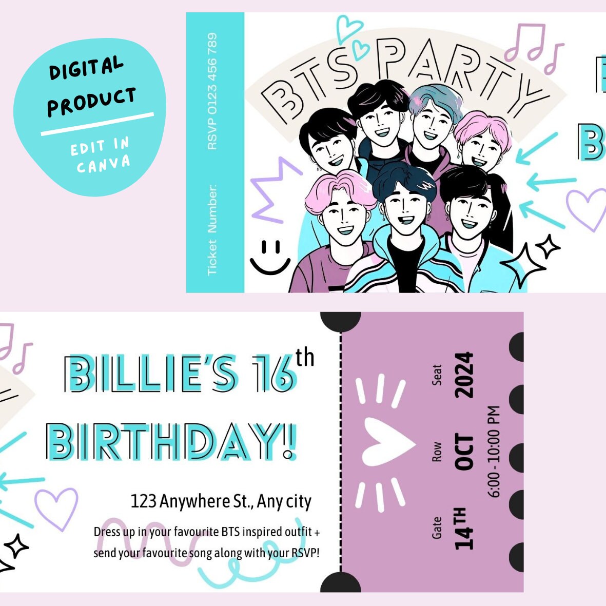 BTS Birthday Party Invitation | Digital Download | Editable | Canva ...