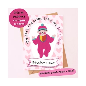 NOVO CARTÃO DE BEBÊ | personalizar no canva | personalizável | adicionar nome | rosa | menina | download digital | imprimir em casa | justo | cabelo preto