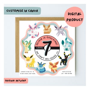 May include: A pink and blue birthday invitation with a Pokemon theme. The invitation features a circle with the text "Olivia is Evolving!" and the number "7" in the center. The circle is surrounded by various Pokemon characters, including Eevee and its evolutions. The text "We can't Bel-eevee it!" is written around the circle. The invitation also includes the date, time, and location of the party.