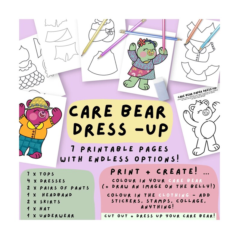Care Bear Paper Dress-up | Kids Printable Sheet | Colouring in Pages ...