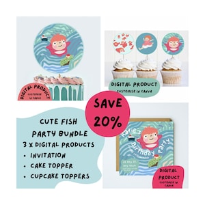 Cute Fish  Princess | birthday party BUNDLE | editable invite | customisable | canva | kids | tween | teen | invitation | cake toppers