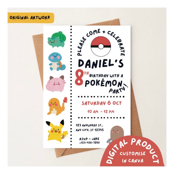 Pokemon Party Birthday Invitation | digital template | customise in canva | print at home | hand drawn illustrations | girls tween |