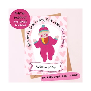 NOVO CARTÃO DE BEBÊ | personalizar no canva | personalizável | adicionar nome | rosa | menina | download digital | imprimir em casa | cabelo loiro |