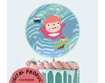 Cute Water Princess Cake Topper | anime fish girl | digital template | print at home | canva | childrens party | matching decor | Japanese