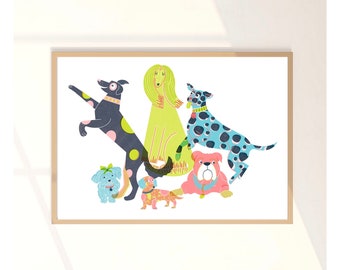 Risograph Rainbow Dogs art print | digital download | wall art | decor | colourful + bright | original drawing | pop art | riso print