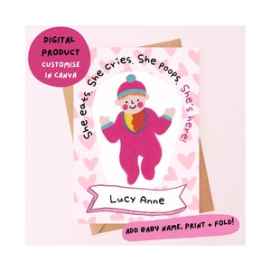 NOVO CARTÃO DE BEBÊ | personalizar no canva | personalizável | adicionar nome | rosa | menina | download digital | imprimir em casa | justo | cabelo vermelho