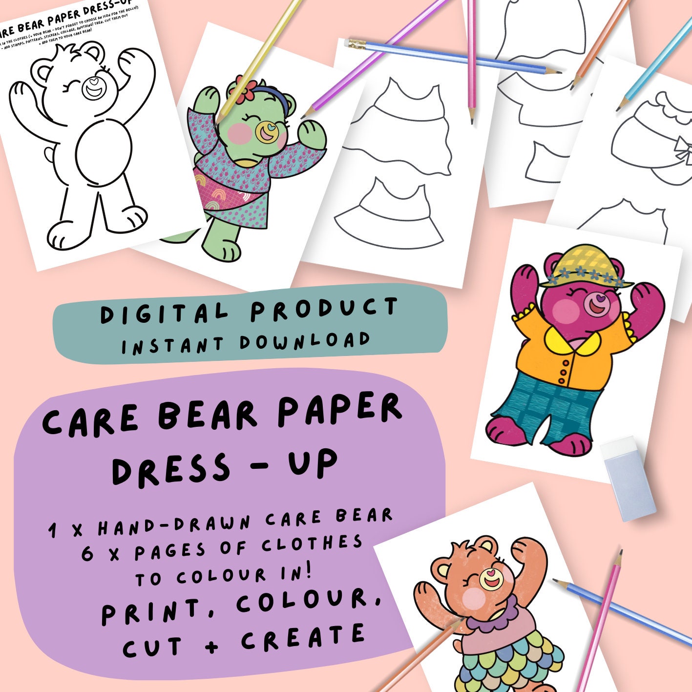 Care Bear Paper Dress up Kids Printable Sheet Colouring in Pages Craft