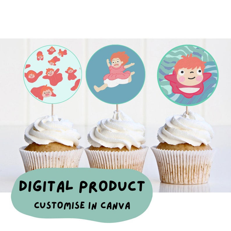 May include: Three cupcake toppers featuring a cartoon character with red hair. The first topper has a blue background with a white pattern and multiple red cartoon characters. The second topper has a blue background with a single red cartoon character. The third topper has a green and blue background with a single red cartoon character. The text "DIGITAL PRODUCT CUSTOMISE IN CANVA" is displayed below the toppers.