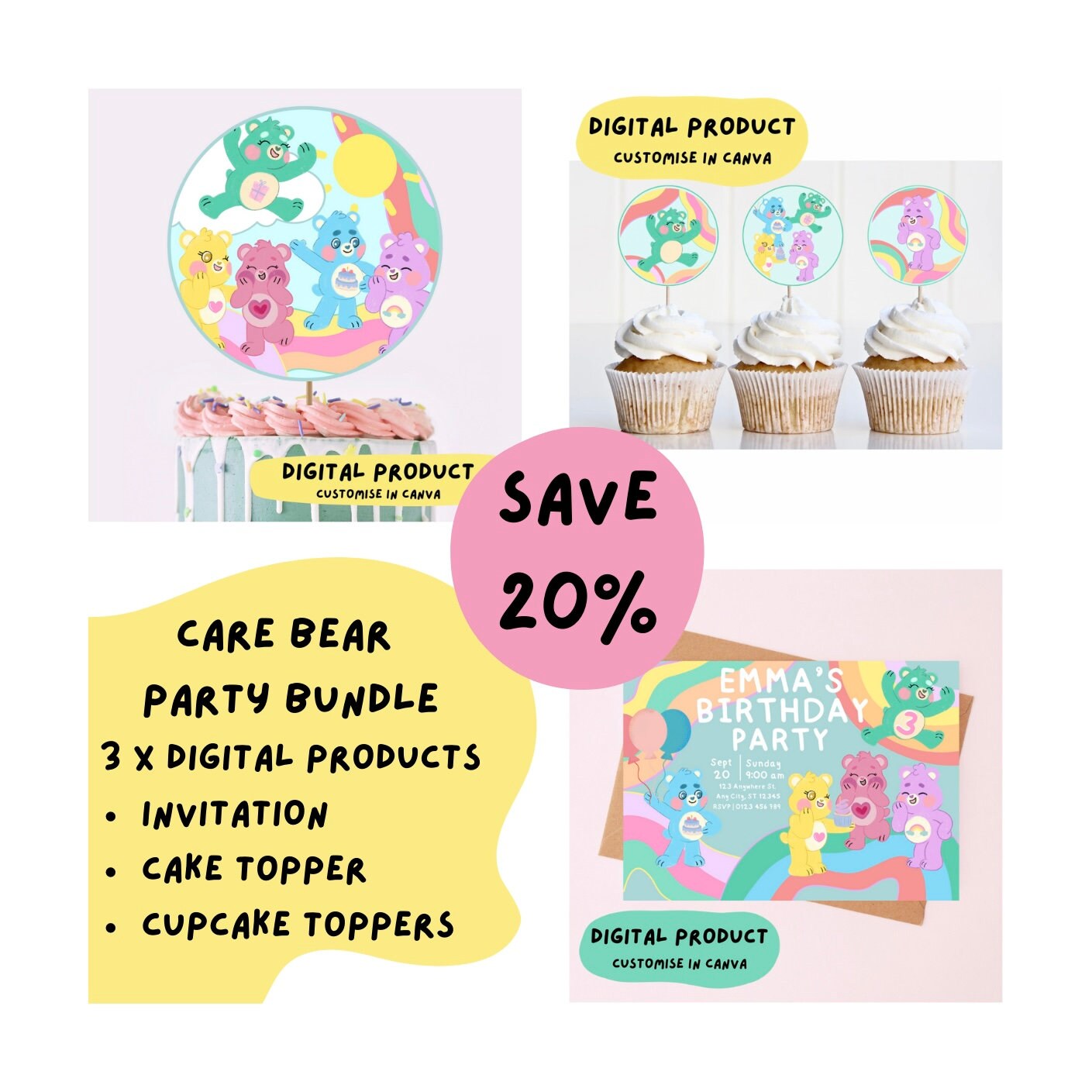 Care Bears Digital Party Package, Edit Text in Canva, Digital Party  Favors, Canva Party Favors, … in 2023
