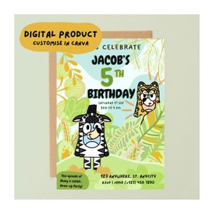 BLUE DOG jungle PARTY | editable birthday invitation | customisable | canva | kids birthday party | boys | blue heeler | safari  | animals