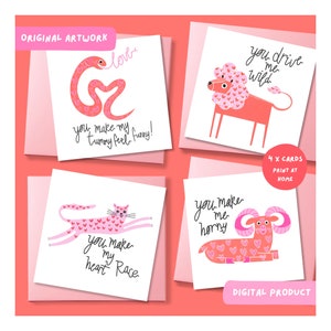 Pacchetto di biglietti di San Valentino / 4 simpatici animali / download digitale / stampa a casa / giochi di parole divertenti / rosso + rosa / PDF A4 / disegnato a mano / arte originale