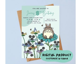 May include: A digital birthday invitation featuring a cartoon Totoro character sitting on a blue flower. The invitation is decorated with black and white fuzzy balls, bees, and a blue bird. The text on the invitation reads "You are invited to James' 8th Birthday" and includes the date, time, and RSVP information.