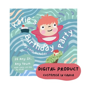 Cute Water Princess Fish invitation | digital template | customise in canva | Japanese anime | ocean | underwater | tween birthday